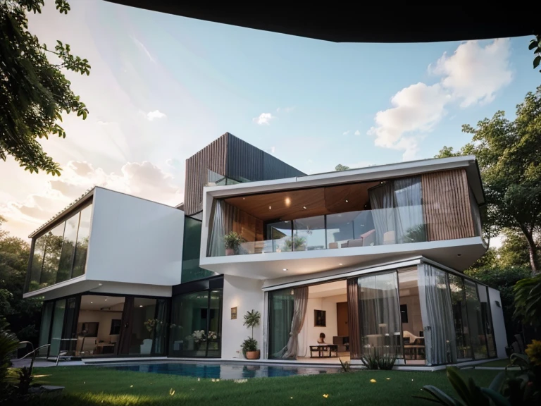 (a modern house with a beautiful and spacious garden)[architecture, contemporary design, luxurious interior], [large glass windows, open floor plan], [minimalist furniture, elegant and sleek], [lush green grass, colorful flowers], [sparkling swimming pool, outdoor seating area], (best quality, highres:1.2), (realistic, photorealistic:1.37), [neutral color palette, natural lighting], [clean and organized, minimalist style]