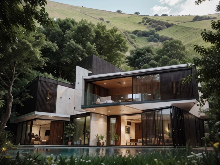 (a modern house with a beautiful and spacious garden)[architecture, contemporary design, luxurious interior], [large glass windows, open floor plan], [minimalist furniture, elegant and sleek], [lush green grass, colorful flowers], [sparkling swimming pool, outdoor seating area], (best quality, highres:1.2), (realistic, photorealistic:1.37), [neutral color palette, natural lighting], [clean and organized, minimalist style]