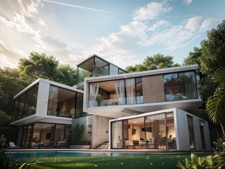 (a modern house with a beautiful and spacious garden)[architecture, contemporary design, luxurious interior], [large glass windows, open floor plan], [minimalist furniture, elegant and sleek], [lush green grass, colorful flowers], [sparkling swimming pool, outdoor seating area], (best quality, highres:1.2), (realistic, photorealistic:1.37), [neutral color palette, natural lighting], [clean and organized, minimalist style]