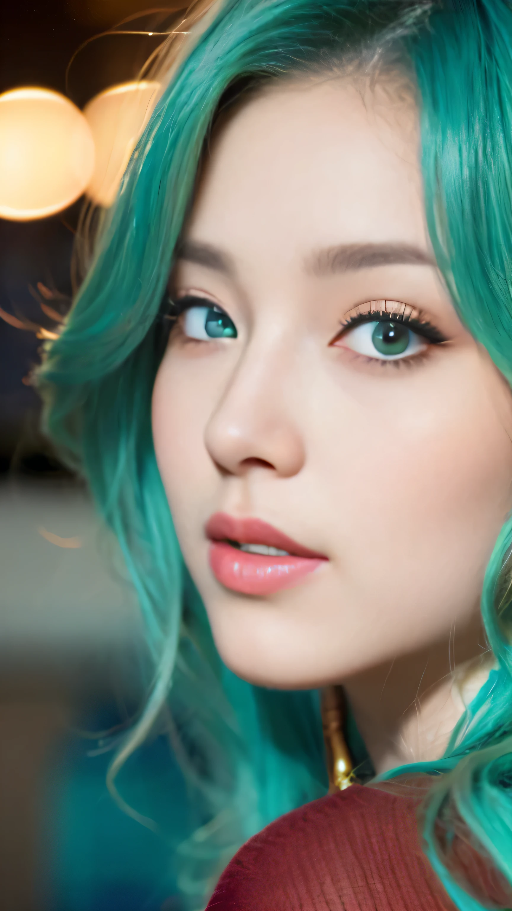 Light blue hair, turquoise eyes, long eyelashes, big red lips, apricot eyes, beauty, girly, curly hair, princess