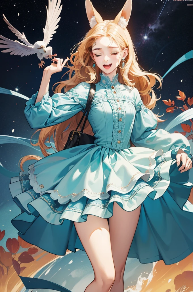 Michael Cheval style illustration of a twenty-year-old woman, very beautiful, similar to Ariadne Díaz, dressed in a beautiful turquoise blue lace dress. Out of frame, error, cropped, low quality, deformed, blurred, ugly, duplicate, mutilated, mutation, disfigured, gross proportions, bad anatomy, bad proportions, bad posture, malformed limbs, extra limbs, extra body parts, long neck , poorly drawn face, cloned face, open mouth, animal ears, double ears on one side, extra ear, extra nose, extra tongue, extra eyes, closed eyes, deformed eyes, more than two legs, abnormal leg, missing legs, extra legs, more than two arms, missing arms, extra arms, more than two hands, mutated hands, poorly drawn hands, abnormal hand, extra fingers, fused fingers, too many fingers, abnormal fingers, more than five fingers on one hand, feet deformed, more than two feet, username, watermark, signature, text, purse, wallet, bag, black and white