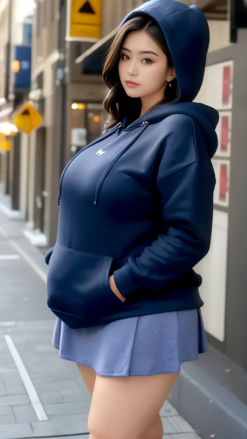 arafed woman in a black hoodie and blue skirt standing on a sidewalk, wearing a black hoodie, wearing tight simple clothes, girl wearing hoodie, wearing an oversized hoodie, large thighs, short robust woman, thick thighs, wearing casual clothes, wearing casual clothing, in a black hoodie, thicc, wearing a blue hoodie, casual clothing, with two front pockets