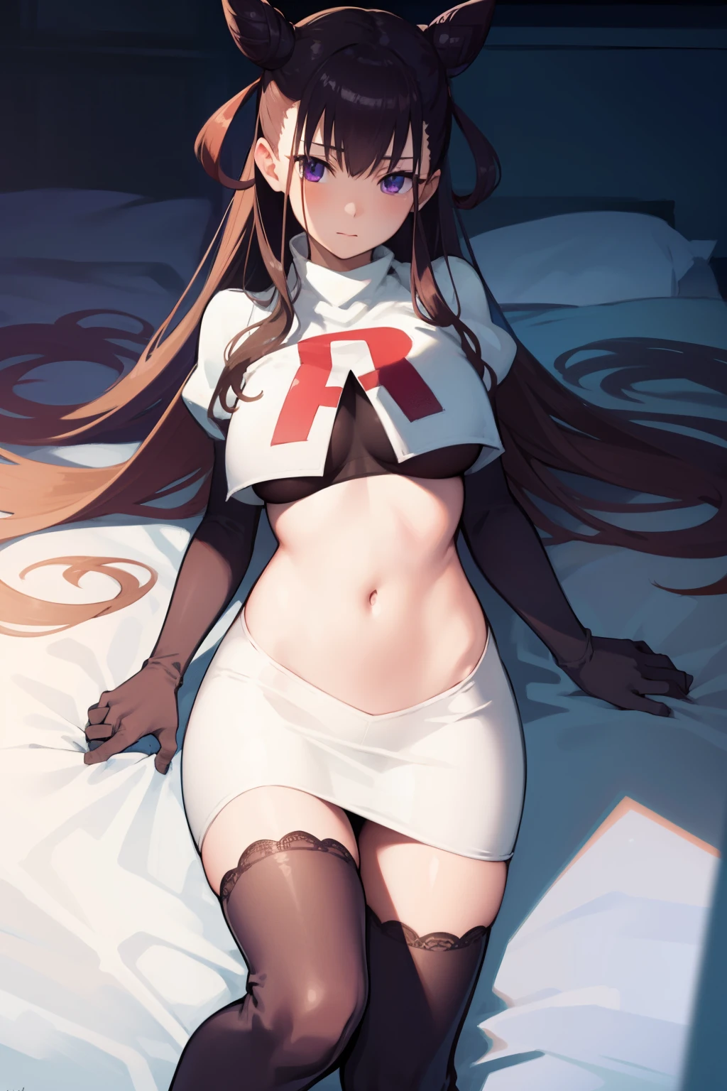 murasakishikibu, murasaki shikibu, brown hair, (purple eyes:1.1), long hair, (large breast:1.2),
BREAK cone hair bun, double bun, hair bun, hair ornament, long hair, two side up,team rocket,team rocket uniform, red letter R, white skirt,white crop top,black thigh-highs,black elbow gloves,
BREAK looking at viewer,
BREAK (masterpiece:1.2), best quality, high resolution, unity 8k wallpaper, (illustration:0.8), (beautiful detailed eyes:1.6), extremely detailed face, perfect lighting, extremely detailed CG, (perfect hands, perfect anatomy),