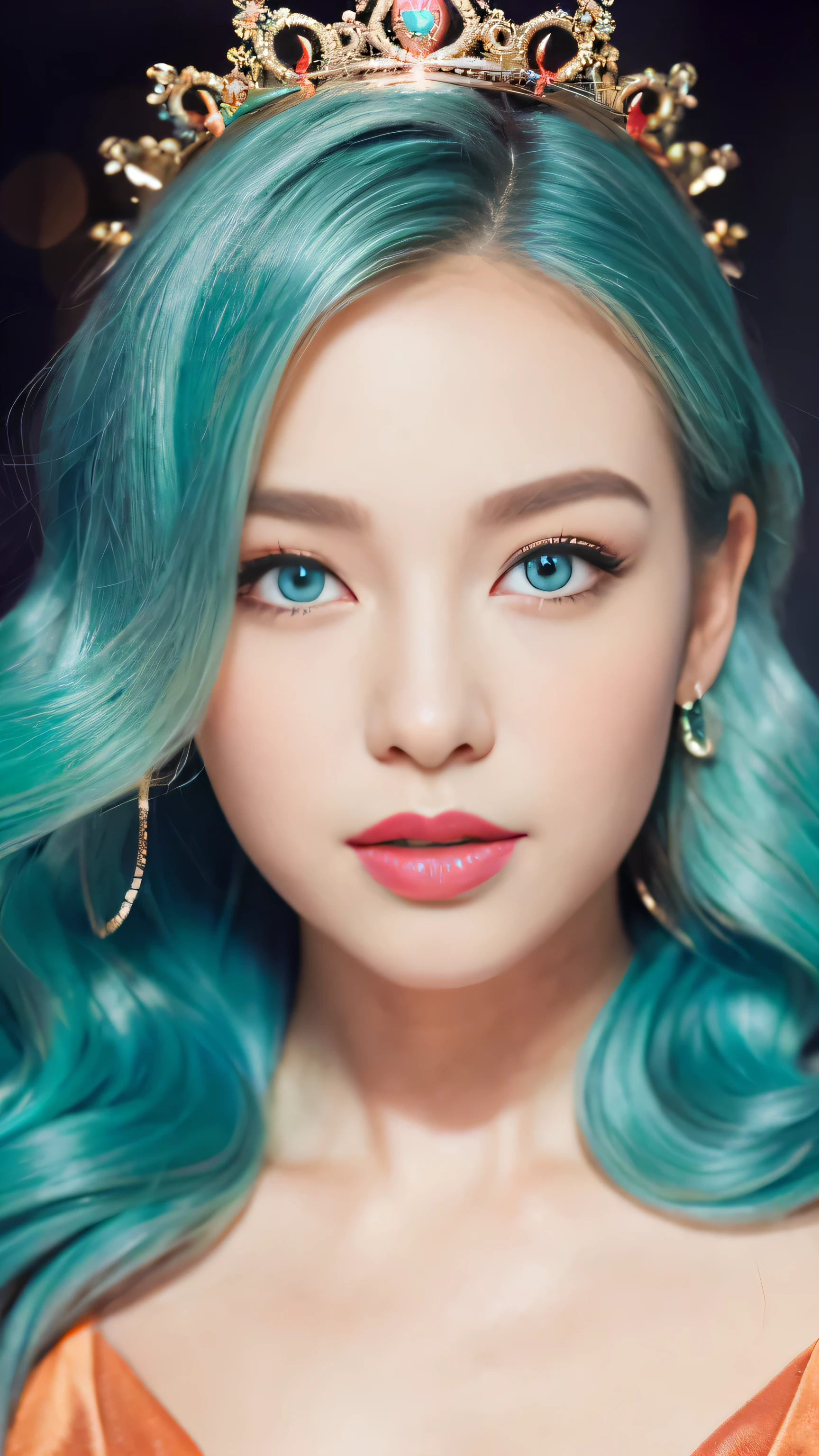 Light blue hair, turquoise eyes, long eyelashes, big red lips, apricot eyes, beauty, girly, curly hair, princess