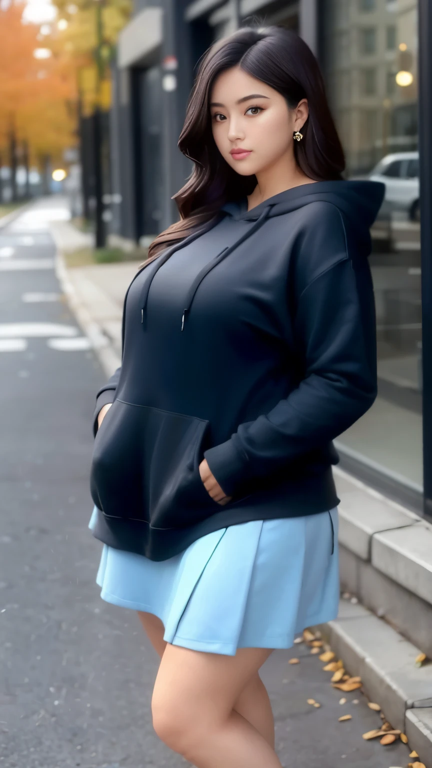arafed woman in a black hoodie and blue skirt standing on a sidewalk, wearing a black hoodie, wearing tight simple clothes, girl wearing hoodie, wearing an oversized hoodie, large thighs, short robust woman, thick thighs, wearing casual clothes, wearing casual clothing, in a black hoodie, thicc, wearing a blue hoodie, casual clothing, with two front pockets