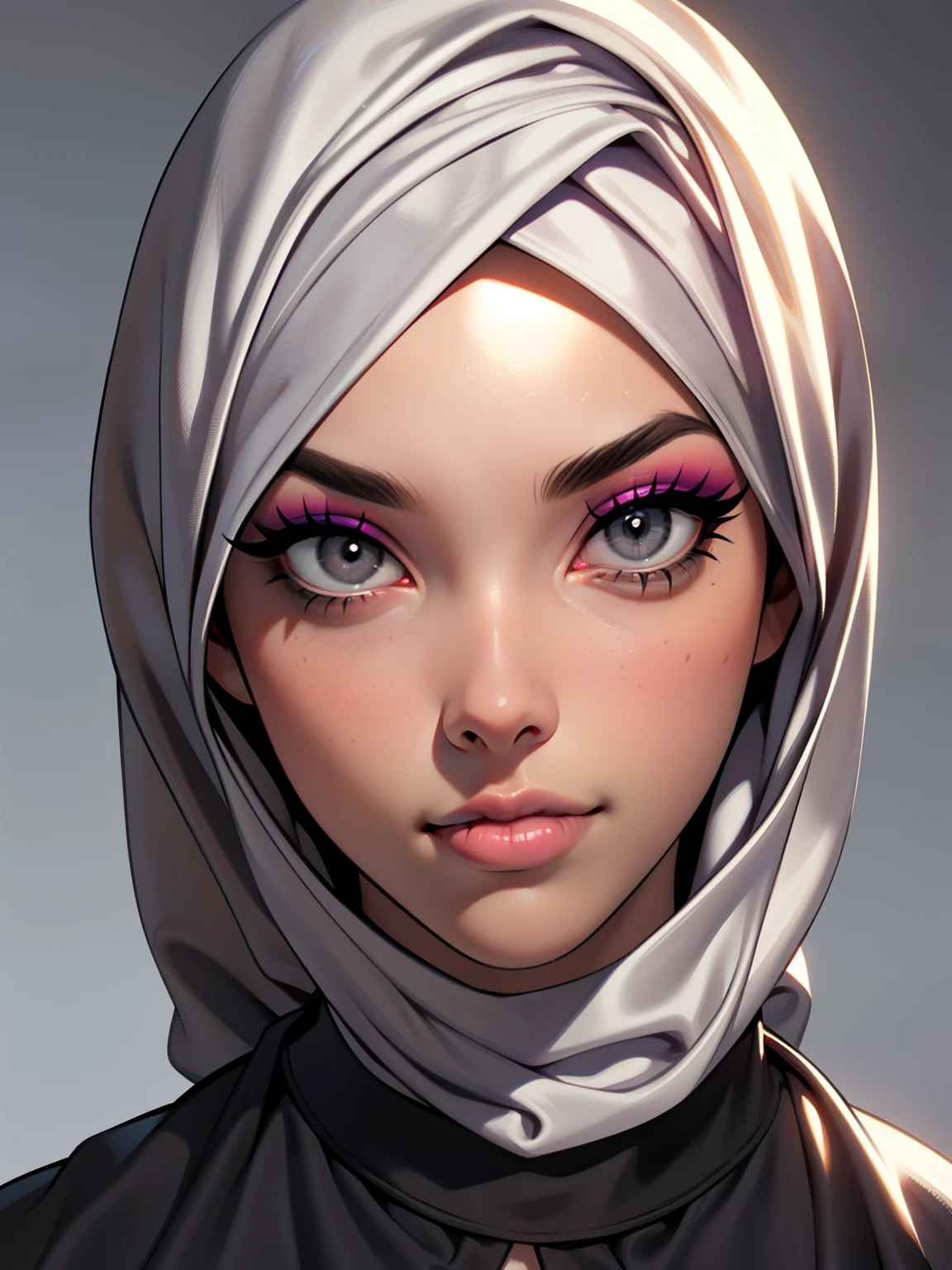 (Masterpiece, best quality) detailed, character sheet, ((a woman, beautifully makeup, eyeshadow, beautiful big eyes, long eye lashes, wearing (Taupe satin hijab), ((gray satin shirt)), satin long maxi skirt)), photography, detailed skin, realistic, photo-realistic, 8k, highly detailed, full length frame, High detail RAW color art, diffused soft lighting, shallow depth of field, sharp focus, hyperrealism, cinematic lighting, yokai illustration style, Aztec art, full of details.