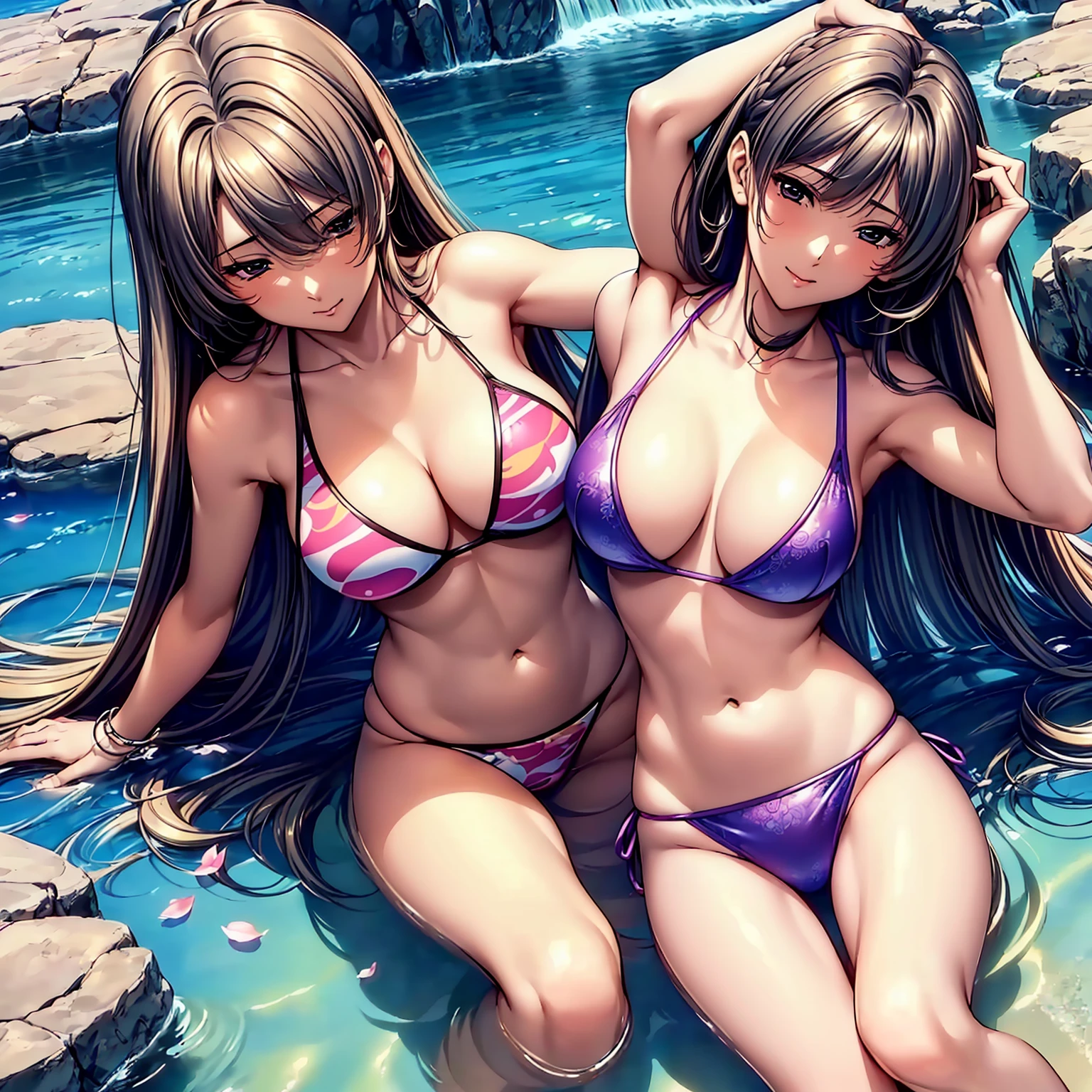 (highest quality、masterpiece、very high resolution、ultra high resolution.High-quality detail)、(A woman with perfect and ultimate beauty:18-year-old,bright smile,beautiful body、beautiful face)、(There are many variations of hairstyles,The bangs are neatly arranged,Long straight side hair,beautiful hair quality),(Beautiful with a slender body shape:F cup,beautiful hair texture,Beautiful skin texture,Lifelike textures,Beautiful colors)((Cute bikini swimsuit:patterned and colorful,sexy bii swimsuit)),(Fantastic waterside,There is a waterfall,Night cherry blossoms and lanterns,mysterious night sky、beautiful scenery),(water play,beautiful pose,model shoot),(whole body,I can see my thighs,accurate anatomy、highly detailed images、accurate image、Perfect Image 1.5)、beautiful anime woman, beautiful art style, anime character、(Overall image、Image without defects、natural soft light、beautiful images),(best shot,RAW photo 1.2)
