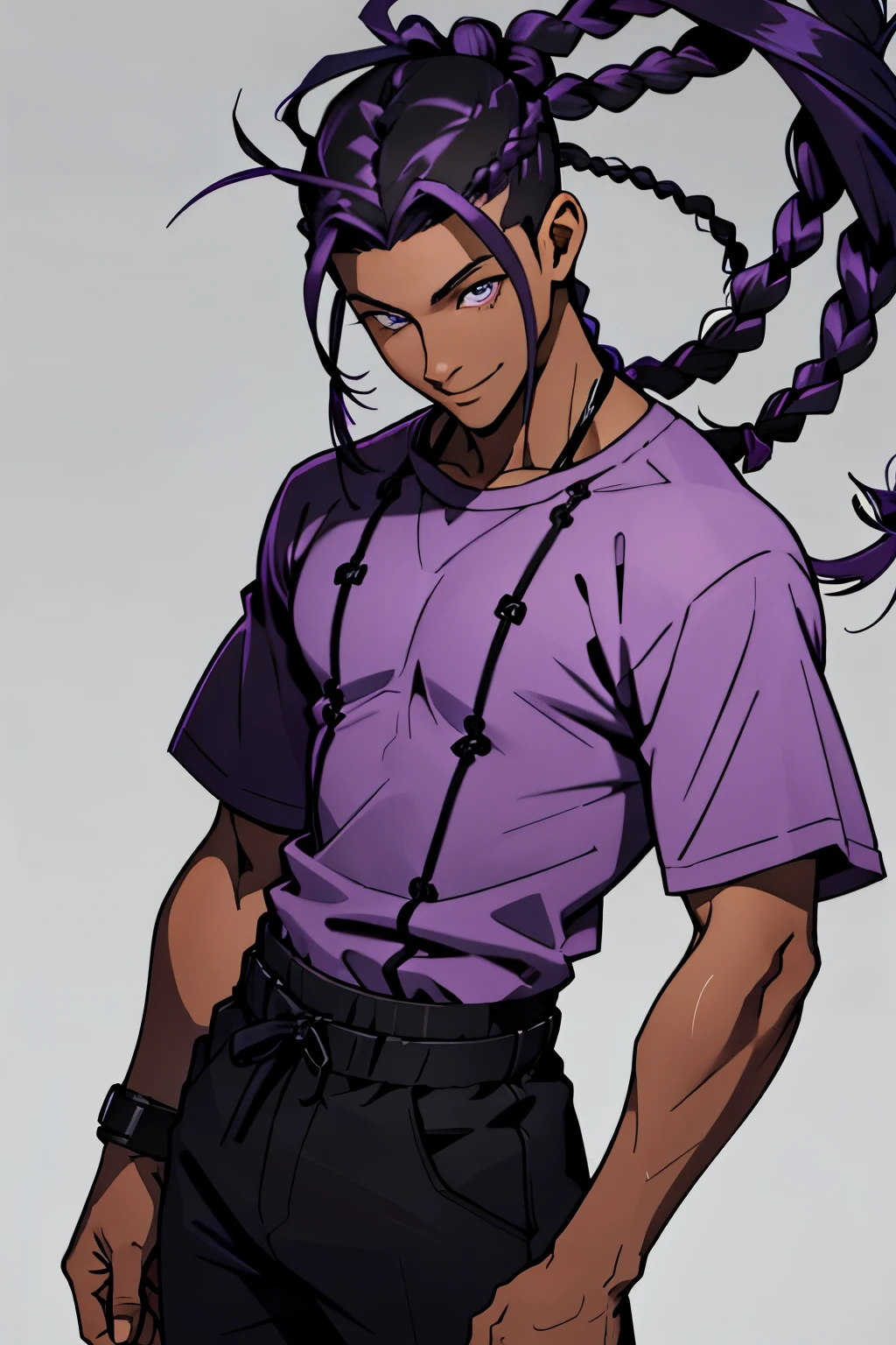black young man, black and purple hair with two braids, olhos purpura, camiseta branca, black pants, sorriso arrogante, hunter's eyes, face calma, 
