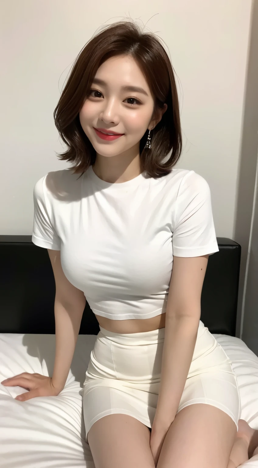 White tight shirt、White tight mini skirt、bed、smile、short sleeve、high resolution、Hallyu Idol Face
