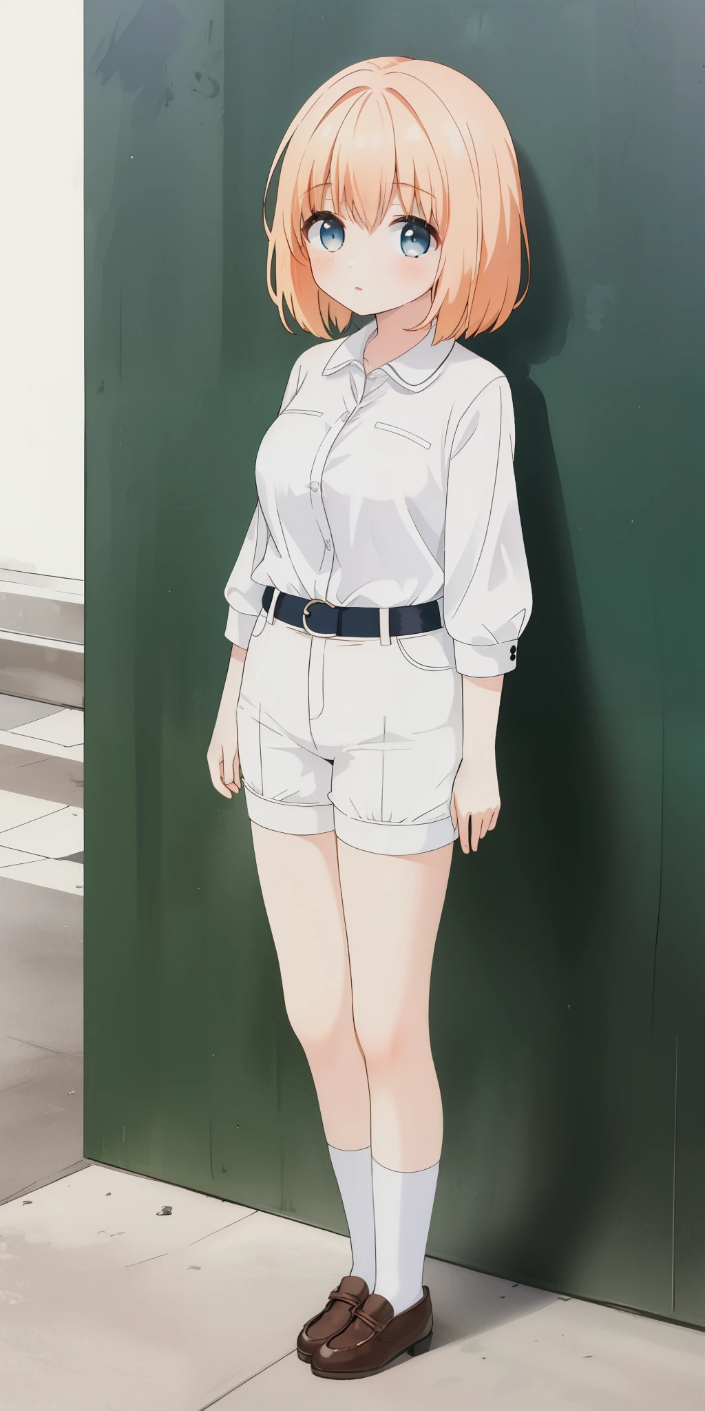 ((masterpiece、top-quality)), 1girl in, ((full body Esbian、Standing picture)), cute young woman, Colored hair, white shirt, shortpants, Black garter belt、(white backgrounid)