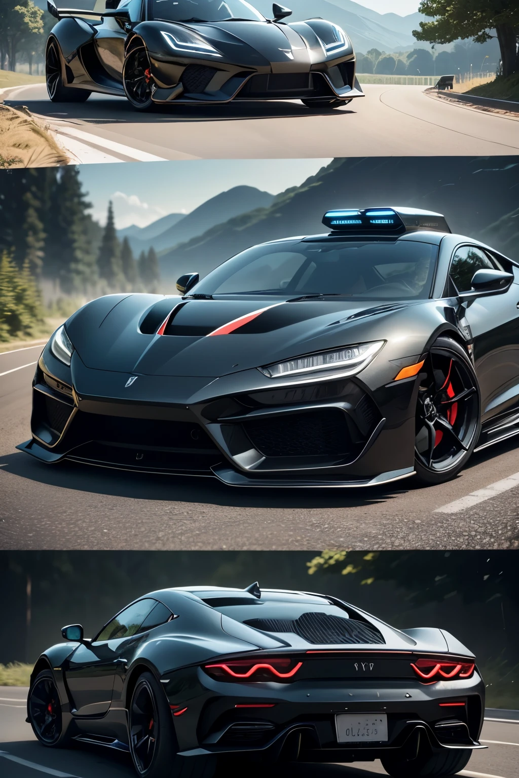 Create a super car with sleek,shiny black exterior, gleaming under the sun or studio illumination. Its futuristic design speaks of cutting-edge technology, with intricate details and chibi elements. The driver, a cyber punk persona with oversized glasses and a nerdy obsession for engine optimization, focuses intently on the road ahead. The car's interior is a masterpiece of comfort and functionality, adorned with high-tech gadgets and advanced controls. The engine roars to life as the car takes off, leaving a trail of dust and astonished bystanders in its wake, set against a lush, forested background.