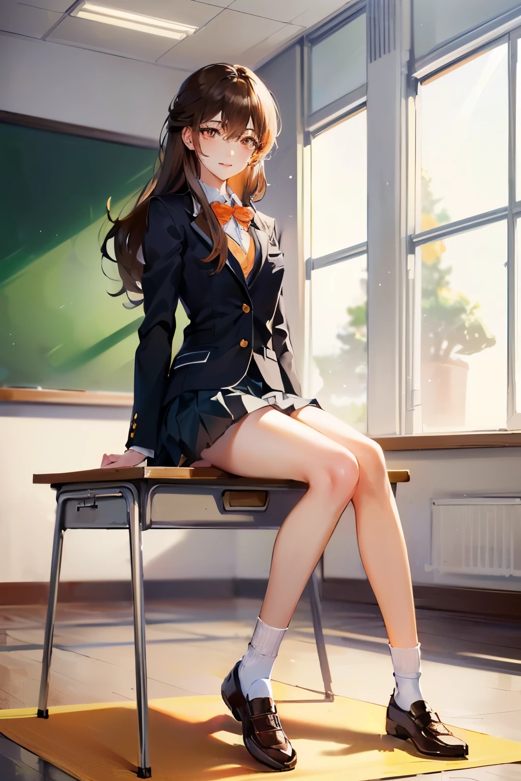 (((((1girl))))), (((best quality))), ((((masterpiece)))), ((ultra-detailed)), (illustration), (detailed light), (an extremely delicate and beautiful), (beautiful detailed eyes), (sunlight), ((extremely light)),
((((school blazer and a pleated skirt)))),
school girl,
wavy medium hair, (((dark brown hair))), (((long hair))),
(((deep orange eyes))),
((whole body)), aged 14 to 17,
diamond, beautiful, ((extra elegant)), (((condescending expression))), (sexually mischievous smile), (((extra adorable))), (((extra slender shape))),
(((sitting on the desk in the classroom with a leg up))),
(((exposed pale pink panties))),
(((extraordinarily thin thighs))),
(((mat white ankle socks))),