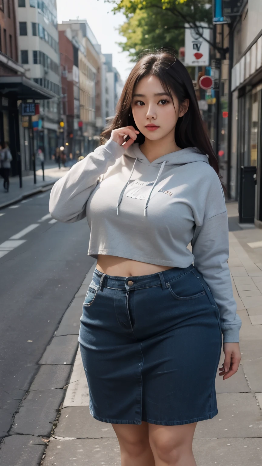 ((best quality)), ((masterpiece)), (detailed), perfect face, a woman in a dark-blue hoodie and long skirt random posing for a picture, bbwchan, thick body, thicc, she has a jiggly fat round belly, korean girl, curvy model, beautiful thick female, thick, heonhwa choe, widest hips, skinny waist and thick hips, alluring plus sized model, thick thighs, nene tanaka body, nene tanaka face. Bbwchan, full body view, wearing a red sneaker, small breast, woman in proportions body, big eye, big cheeks
