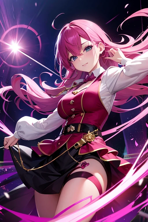 Masterpiece, Best quality, stars, Cityscape, intense shading, Realistic, Real, incredibly_absurderes, the wallpaper, Colorful, Girl, Long hair, Pink hair, Wavy hair, view the viewer, Laughing, excited, ribbed sweater, Hoodie , Miniskirt, White pantyhose, bow, Hair_bow, pink choker , Elbow gloves , half gloves , Earrings, Spread legs,