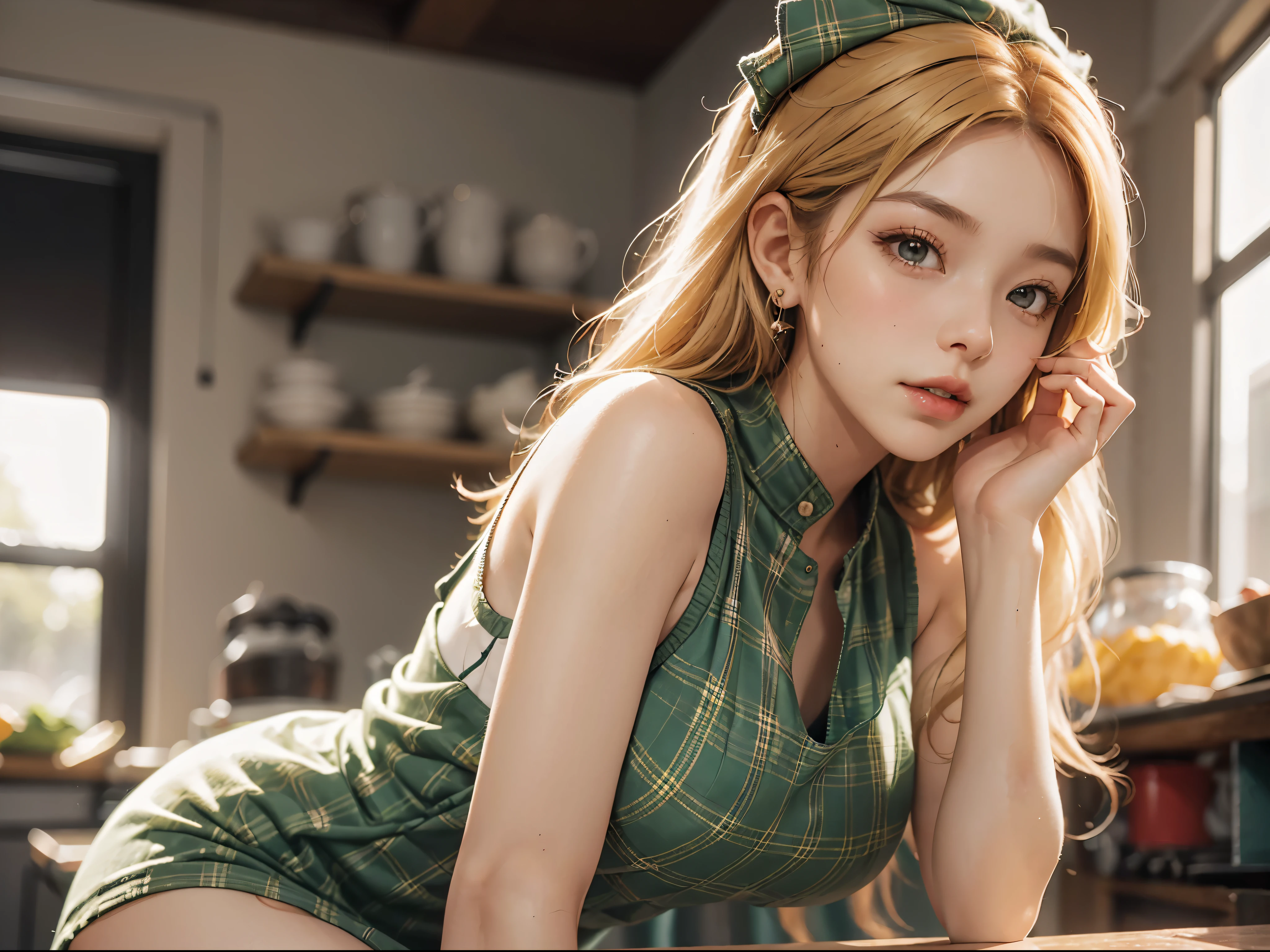 masterpiece, top quality, Slim, Photos are real, high resolution, glowing skin, Brush lightly, big breasts, long hair, blonde, colorful hair, red eyes, long eyelashes, jewelry, earrings, perforation, Nude apron, light green plaid apron, blonde, In the kitchen, cooking, blush, no underwear, overly gendery, gendery look, open mouth, side breasts, bottomless, full face blush, 1 girl, gender, green apron, green plaid apron, no shirt, sleeveless, bare shoulders, looking at camera, saliva, ahegao, large mane, genderual position, 16k