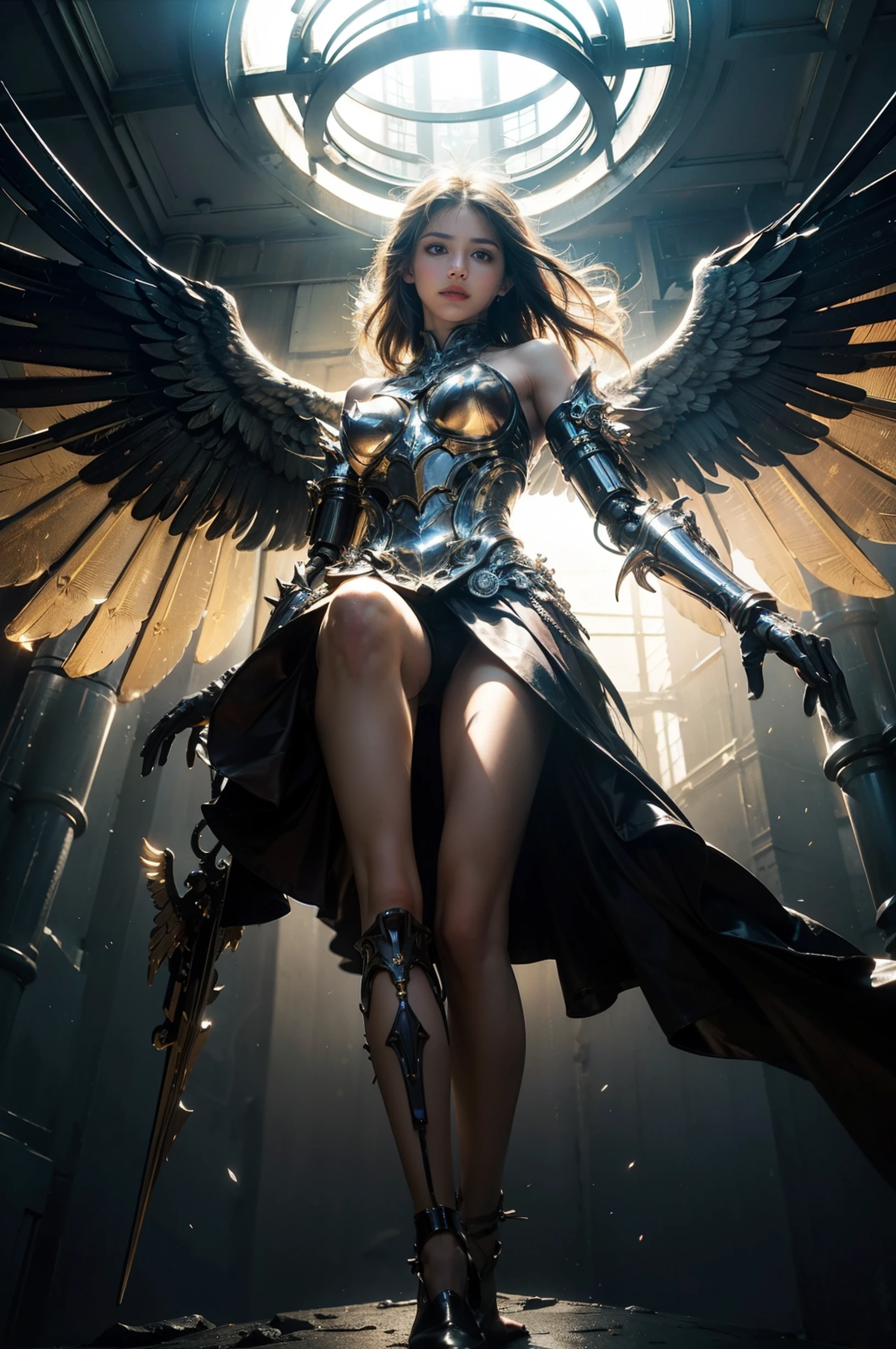 (best quality, masterpiece, fancy, dynamic angle, from below, highest detailed)upper body photo, full body photo, Fashion photo from cute MeChangel, four shining wings, alone, Shiny armor, glowing halo, building, 4 glowing mechanical wings (intricate details, hyperdetailed:1.15), detailed, light passing through hair, (official art, extreme detailed, highest detailed), hdr+