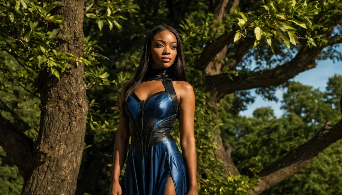 beautiful young lady (Tempestade de X-Men), (22 anos), en robe Blue de soie noire et avec de la fumée noir à la place du haut du visage. Debout sur un îlot rocheux flottant dans l'espace devant un arbre avec des yeux à la place des feuilles.
