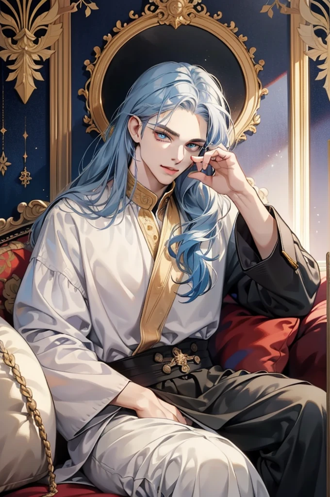 man seated on his bed, his room adapted for a king. He possessed an imposing stature. Golden eyes with silver details, navy-blue hair falling casually across his forehead. His eyes reflected a blend of passion, charm, determination, and mystery, with no hint of a beard on his perfectly symmetrical face. His body seemed sculpted by Leonardo da Vinci, giving him a confident appearance. He dressed with elegance, and his presence was magnetic, with his smile adding a captivating touch to his personality.