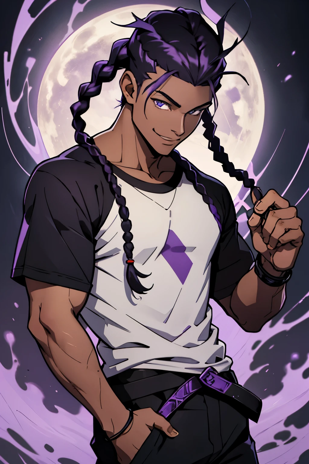 black young man, black and purple hair with two braids, olhos purpura, camiseta branca, black pants, sorriso arrogante, hunter's eyes, face calma, 