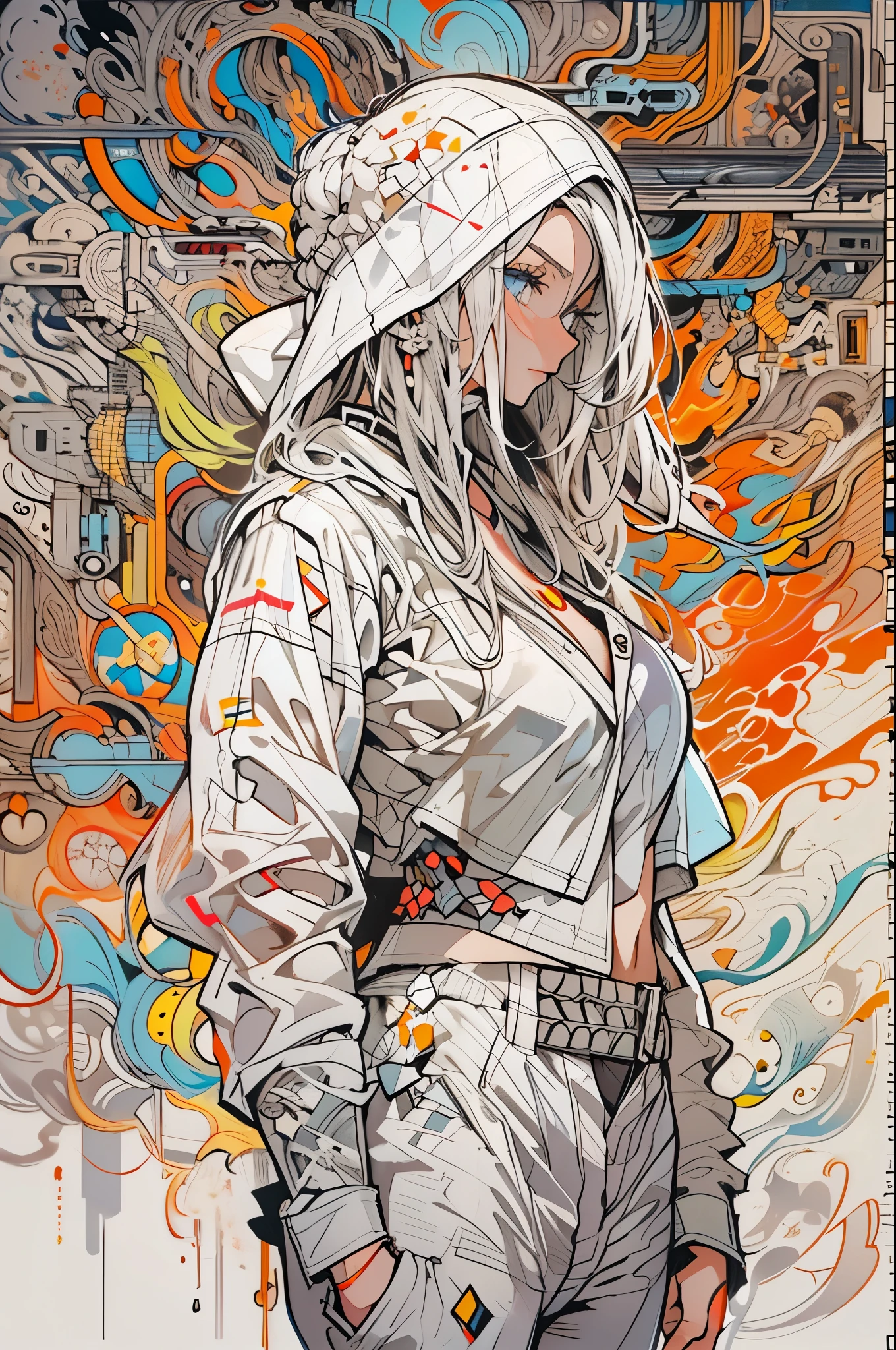 1monk warrior girl with white techwear clothes, white long hair, laces, abstract vintage scifi background, art by Moebius, art by Ashley Wood