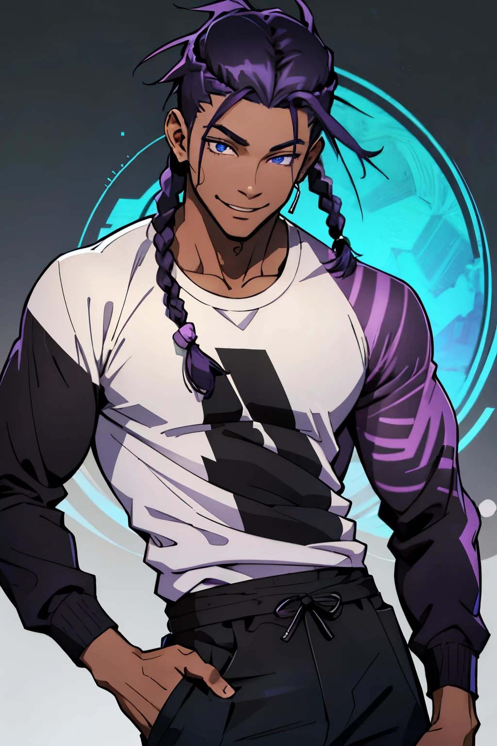 black young man, black and purple hair with two braids, olhos purpura, camiseta branca, black pants, sorriso arrogante, hunter's eyes, face calma, 