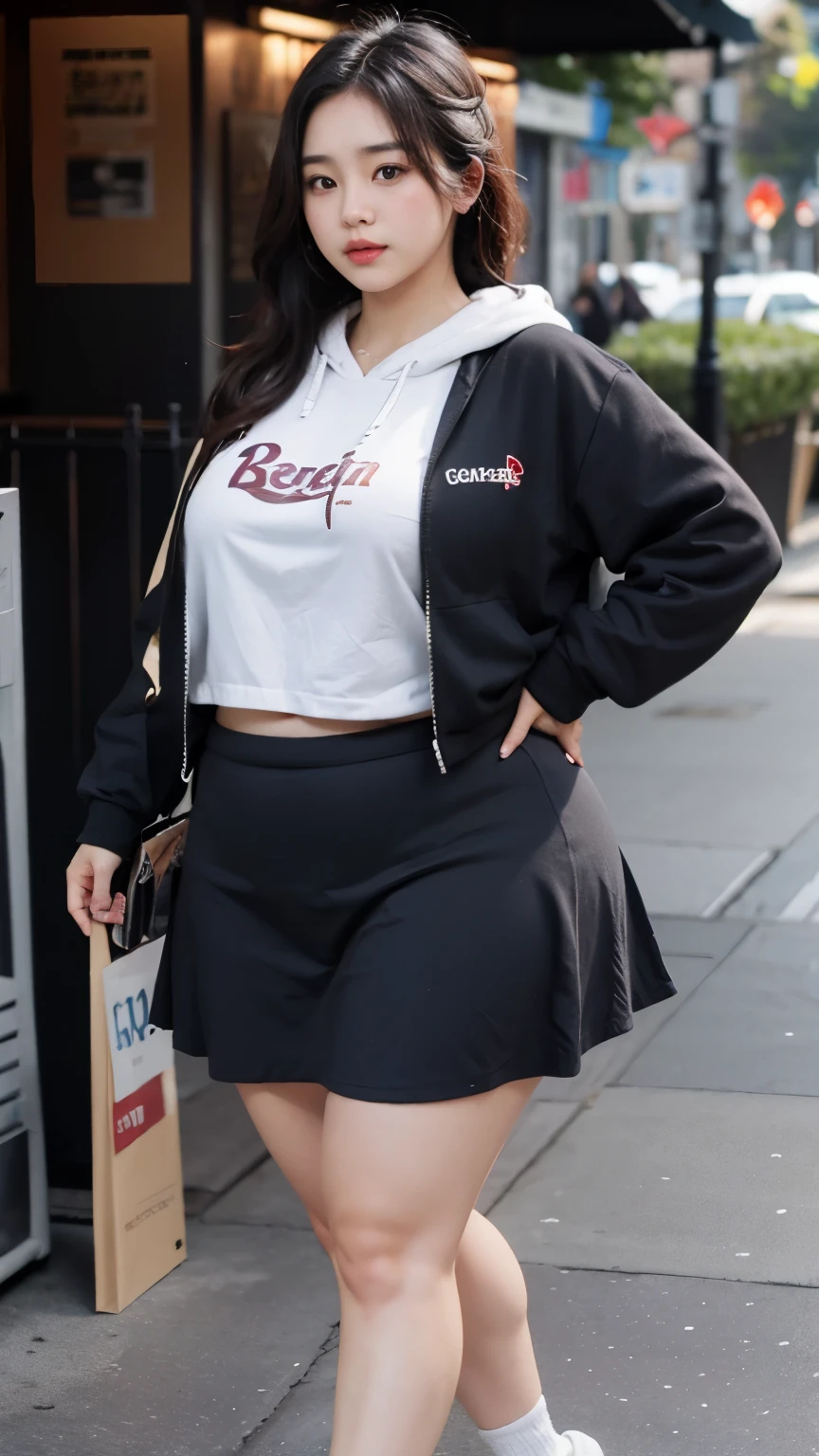 ((best quality)), ((masterpiece)), (detailed), perfect face, a woman in a dark-blue hoodie and long skirt random posing for a picture, bbwchan, thick body, thicc, she has a jiggly fat round belly, korean girl, curvy model, beautiful thick female, thick, heonhwa choe, widest hips, skinny waist and thick hips, alluring plus sized model, thick thighs, nene tanaka body, nene tanaka face. Bbwchan, full body view, wearing a red sneaker, small breast, woman in proportions body, big eye, big cheeks