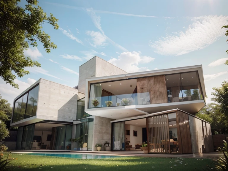 (a modern house with a beautiful and spacious garden)[architecture, contemporary design, luxurious interior], [large glass windows, open floor plan], [minimalist furniture, elegant and sleek], [lush green grass, colorful flowers], [sparkling swimming pool, outdoor seating area], (best quality, highres:1.2), (realistic, photorealistic:1.37), [neutral color palette, natural lighting], [clean and organized, minimalist style]
