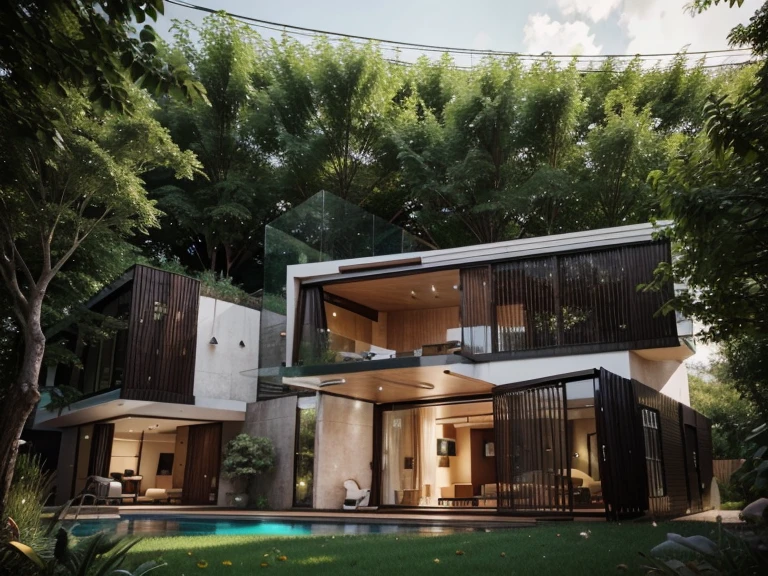 (a modern house with a beautiful and spacious garden)[architecture, contemporary design, luxurious interior], [large glass windows, open floor plan], [minimalist furniture, elegant and sleek], [lush green grass, colorful flowers], [sparkling swimming pool, outdoor seating area], (best quality, highres:1.2), (realistic, photorealistic:1.37), [neutral color palette, natural lighting], [clean and organized, minimalist style]