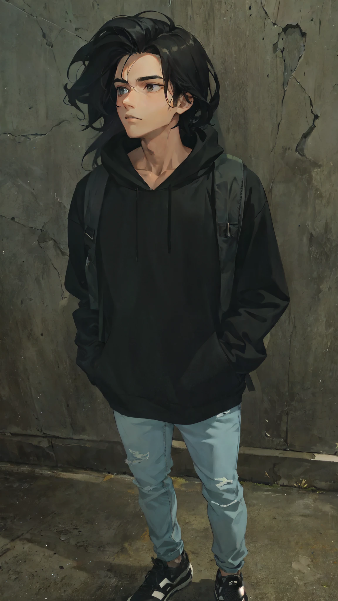 arafed man with a backpack standing in front of a wall, wearing a black hoodie, in a black hoodie, profile shot, wearing jeans and a black hoodie, full body picture, around 1 9 years old, very very low quality picture, he is wearing a black t-shirt, with his long black hair, he is wearing a black, with black hair