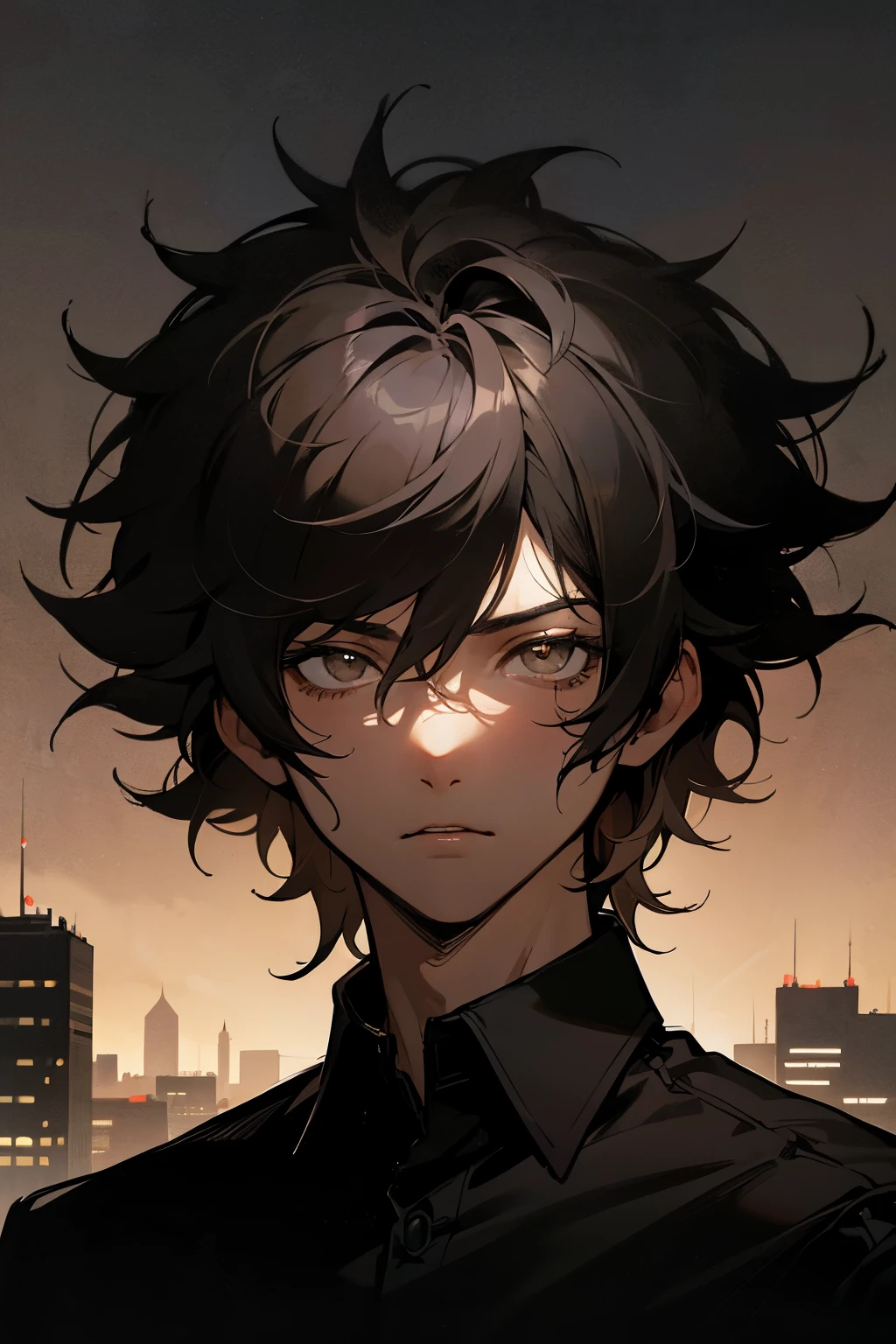 Man, ((black hair)), ((messy hair)), short hair, ((silver eyes)), seriously face, black shirt, night city in background, light brown skin