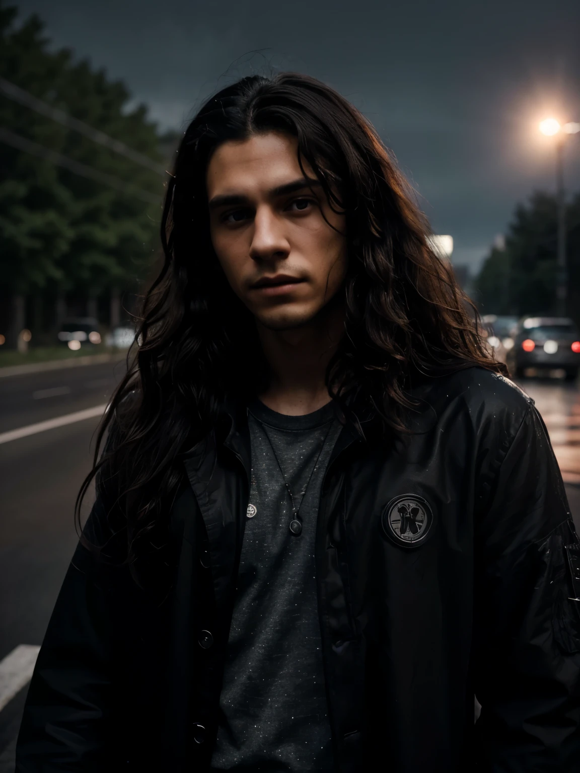 (extremely detailed 8k wallpaper), Dark Theme, Modern Horror, uses (traveler clothes), fine focus, (subsurface dispersion:1.1), (((Young man))), (curly dark long hair), centered face, award-winning photography, dramatic lighting, (highway background), at the day.