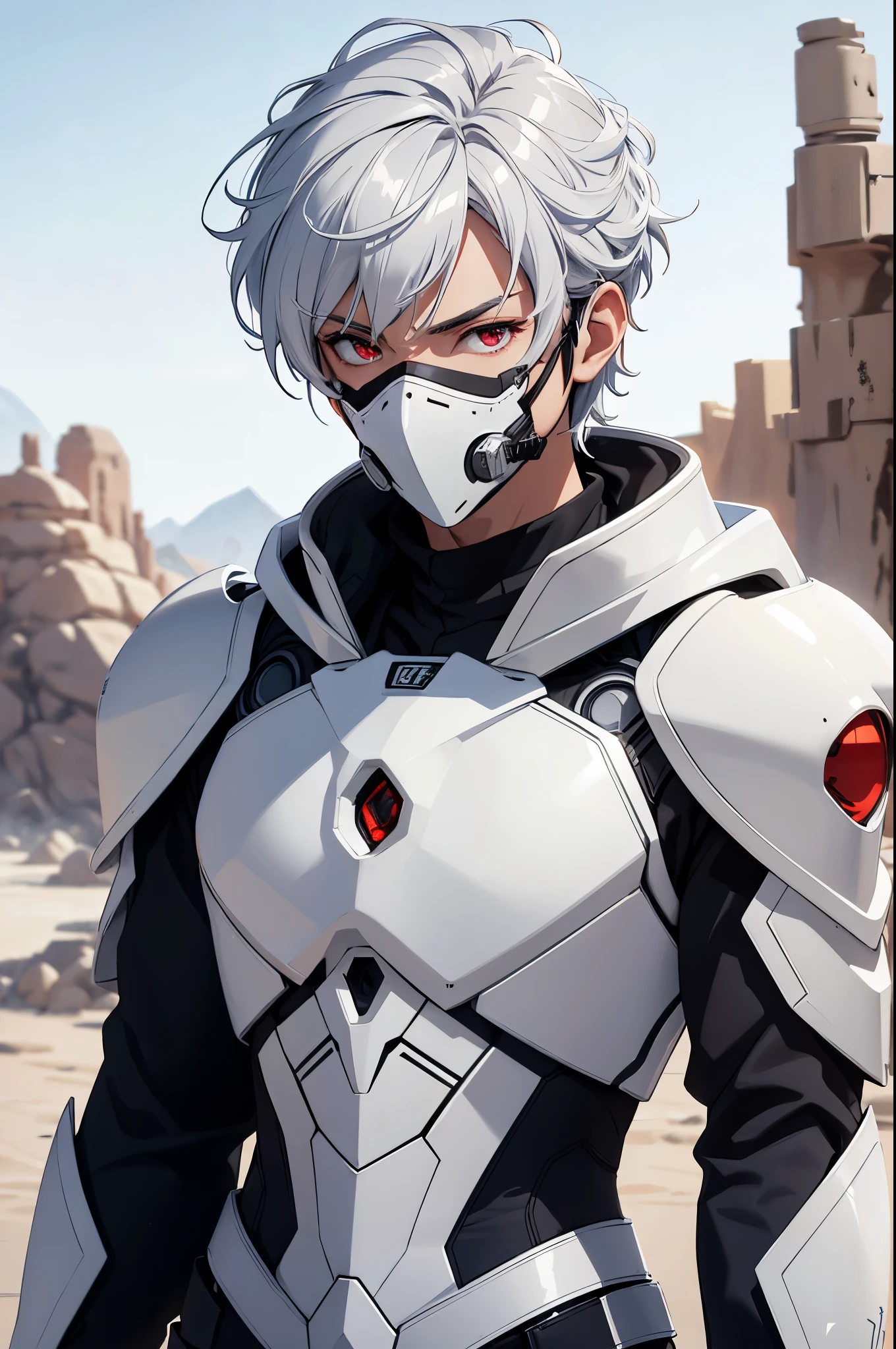(masterpiece, Best Quality, absurdres, 8K resolution), cinematic lighting, raytracing, depth of field, Hyper Detailed, ((Solo Boy)), Handsome, libido boy, white silver hair, crystal red eyes, (((white armor, science fiction))), (((background desert))),(neonlight, Vibrant glow, Dynamic color, Vivid Contrast, shiny reflective surfaces), cowboy shot, looking at viewer, upper body, mask on face