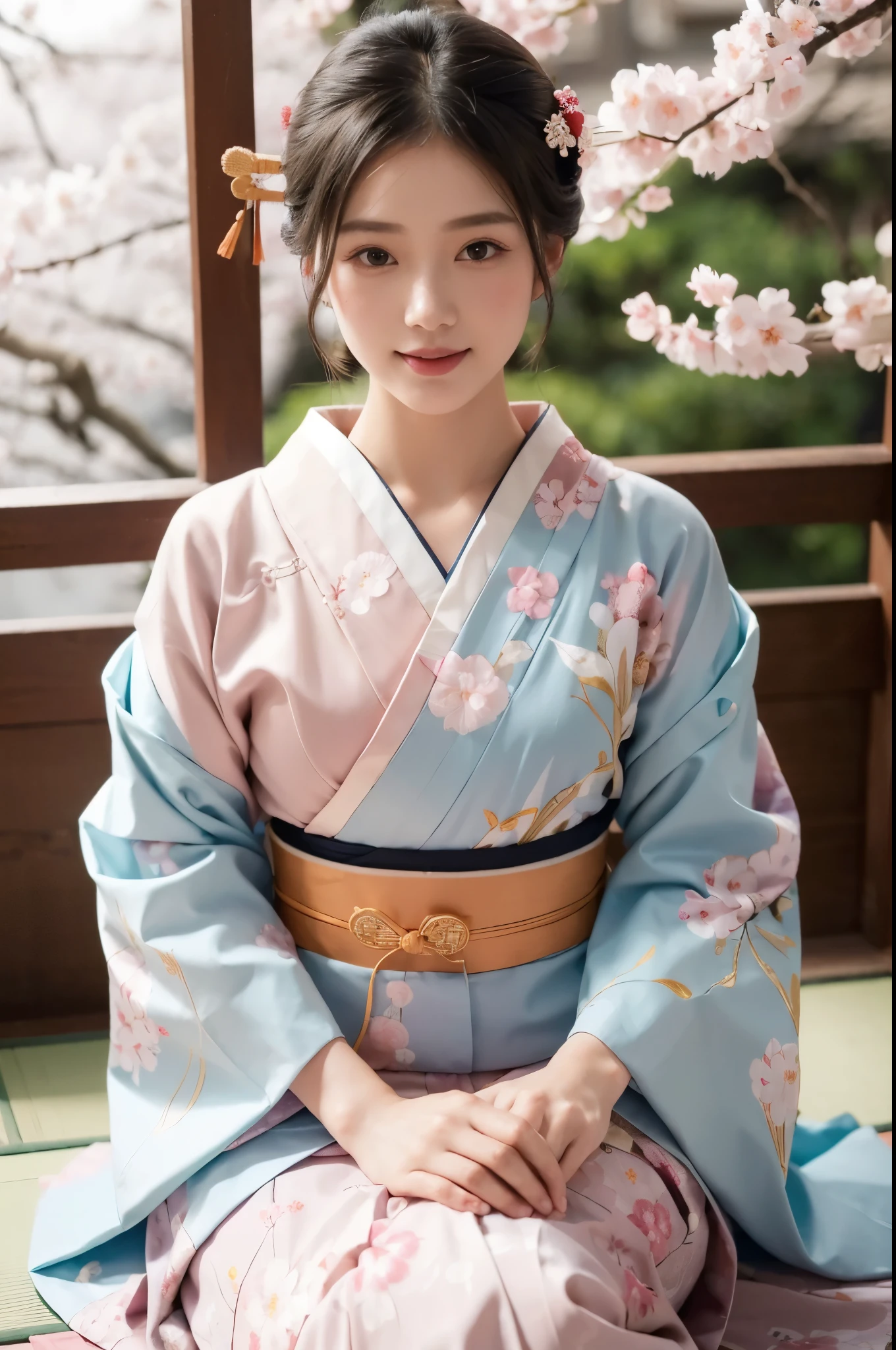 (a girl wearing a colorful kimono), (traditional Japanese garment),(elegant detailed fabric design), (flowing patterns),(geisha-inspired makeup), (intricate embroidery),(cherry blossoms in the background),(serene atmosphere),(vibrant colors),(soft natural lighting),(best quality, highres), (traditional Japanese art style),(pastel color palette),(subtle gradients), (detailed brush strokes),(beautifully composed),(dainty accessories),(delicate folds and pleats),(graceful posture),(charming smile),(subtle eye makeup),(elegant hairstyle),(authentic cultural representation)