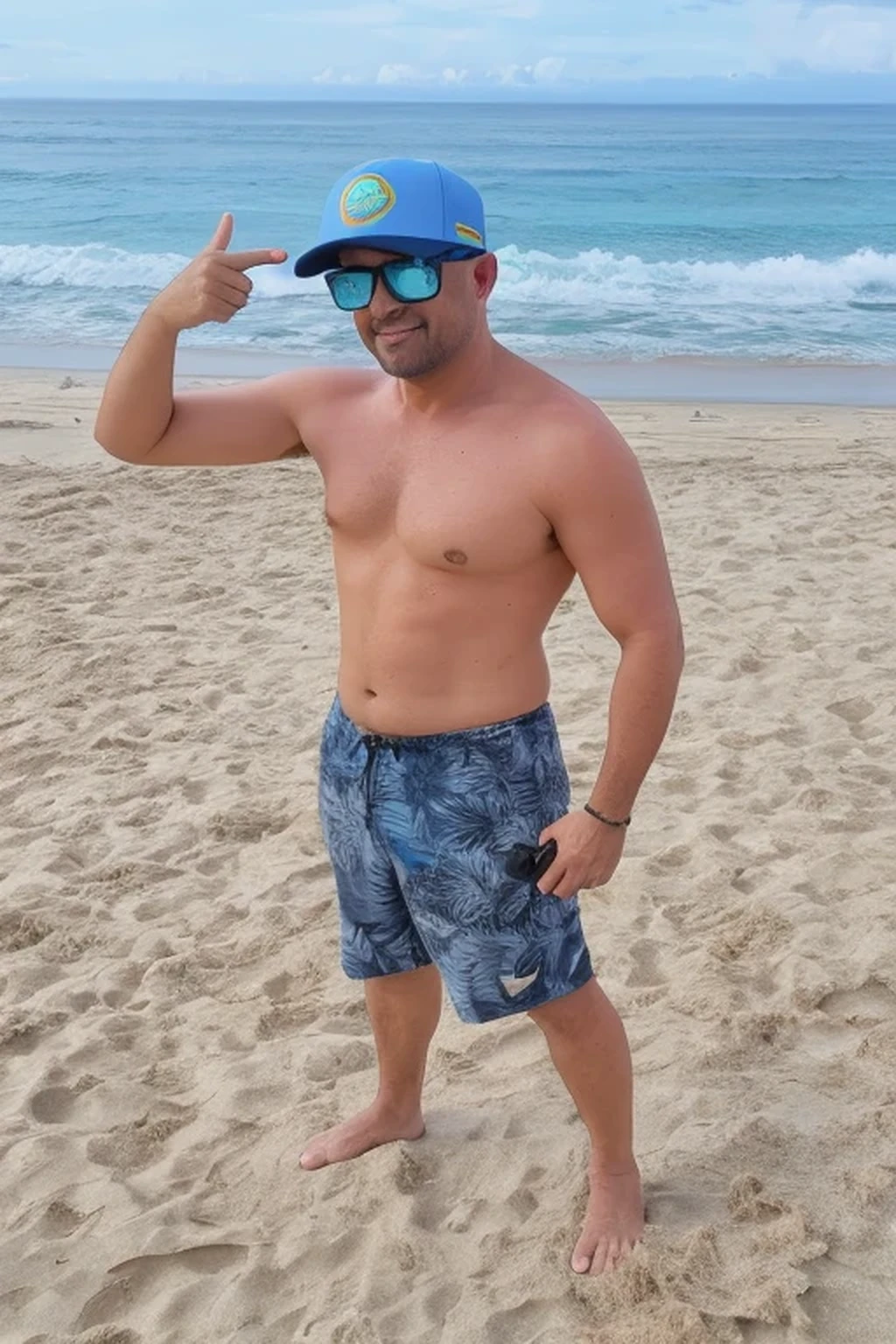 There is a man standing on the beach with a hat and sunglasses, standing on the beach, posando em uma praia com o oceano, posando na praia, standing near the beach, em uma praia, foto da praia, vacation photo, na praia, Standing on a beach, em uma praia tropical, your palms are sweaty, na praia, palmeiras ao fundo