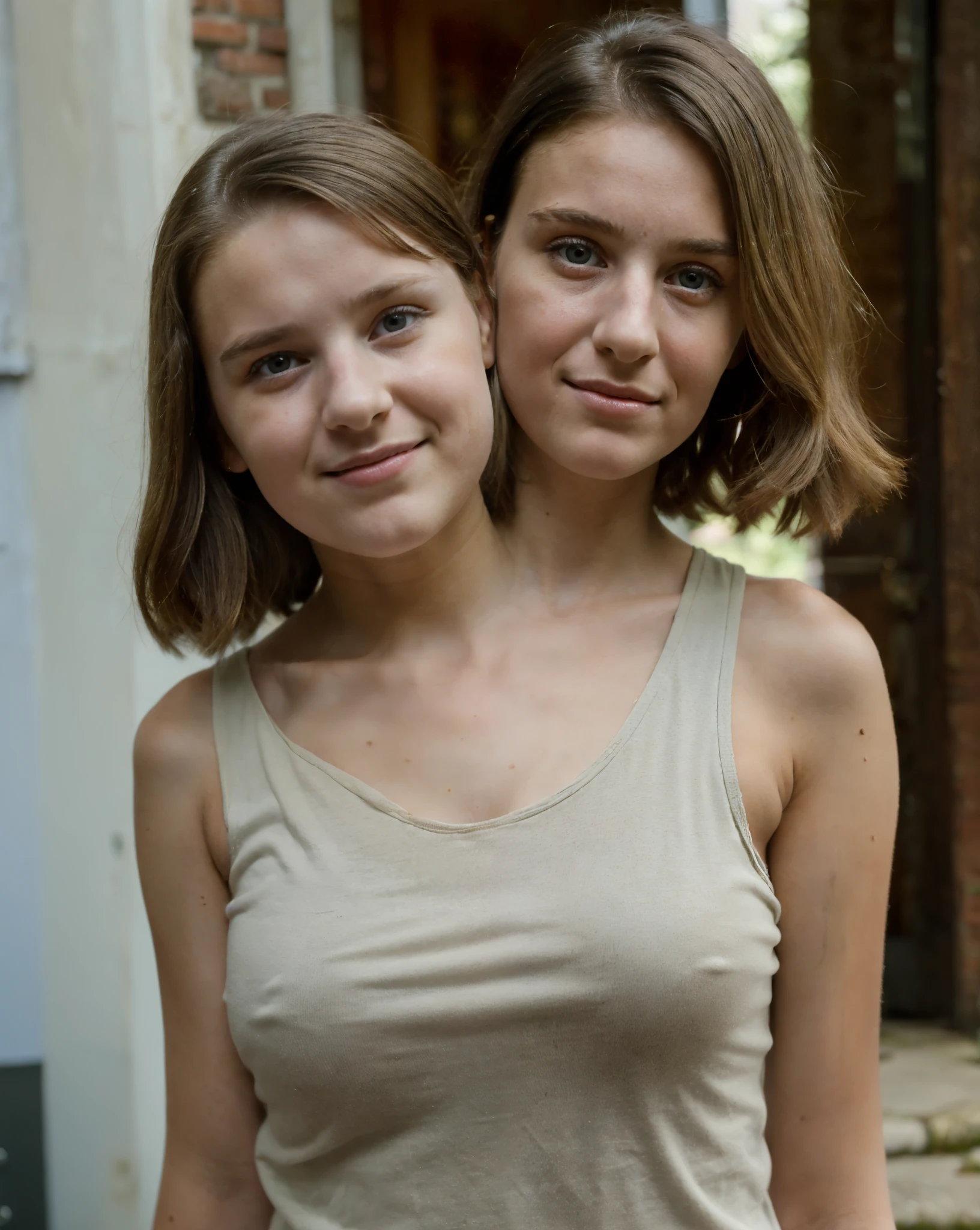 Two headed girl, (a 10 year old girl and a 27 year old woman:1.5), (scottish:1.2), (uncomfortable:1.3)
