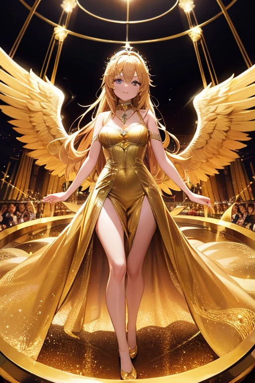 A golden haired angel with hazel eyes with golden wings is posing in a giant ring in a Gothic circus in a golden shiny dress 
