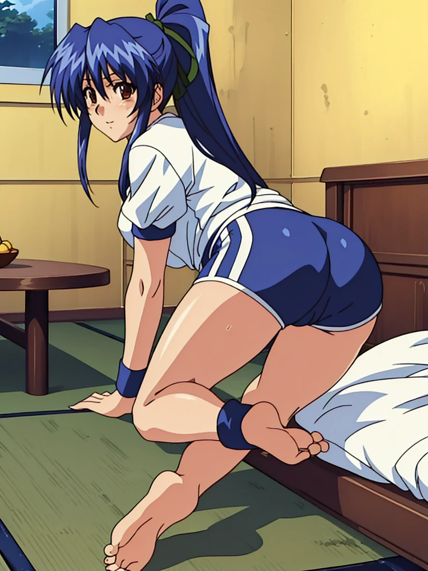 ((table top, highest quality, High resolution, nffsw, perfect pixel, 4K, nffsw, nffsw))), 1 girl, single, alone, Beautiful woman、I could see the whole body、 ((ponytail, bangs, blue hair)), ((brown eyes, beautiful eyelashes, realistic eyes)), ((detailed face, blush:1.2)), ((smooth texture:0.75, realistic texture:0.65, realistic:1.1, Anime CG style)), medium breasts, ((full body shot))、 perfect body, ((White short-sleeved gym clothes with navy blue cuffs))、((navy blue bloomers))、((barefoot、dark blue socks))、big smile、health room、Bed、sexy shot、holding my knees with both hands