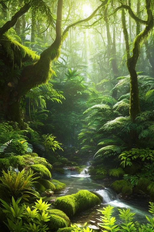Masterpiece of an untamed rich forest, bathed in the soft light filtering through the foliage, streams winding their way around fallen trees, covered in a thick layer of moss. Small animals scamper around in the lush greenery, adding to the vibrant and intricate details of this high quality image. The scene comes alive with the interplay of sunlight and shadows, creating an enchanting and immersive atmosphere. (Masterpiece: 1.6, best quality), (extremely detailed textures: 1.5), (dynamic lighting: 1.3), (detailed background elements), (lush foliage: 2.0), (realistic rendering