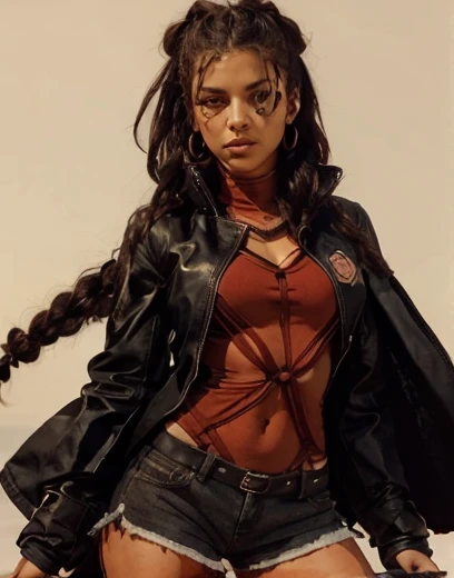 Mujer. Buen cuerpo. Morocha. Vestida de un top rosa. Campera recortada. Shorts de cuero. Pelo negro dos trenzas.