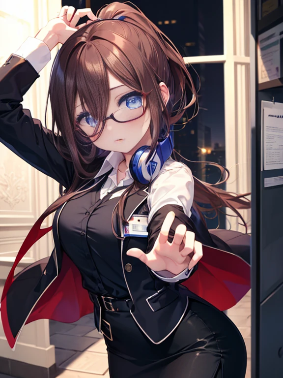 masterpiece, highest quality, 1 girl, (whole body), Miku, (brown hair), shy, blush, (long eyelashes), (beautiful makeup), Amazing eyes, ponytail, blue eyes, big breasts , OL, red glasses, Fundo, black suit jacket, collared jacket, white dress shirt, collared shirt, neckline, button, strap, ID card on neck, black pencil skirt, black pantyhose,