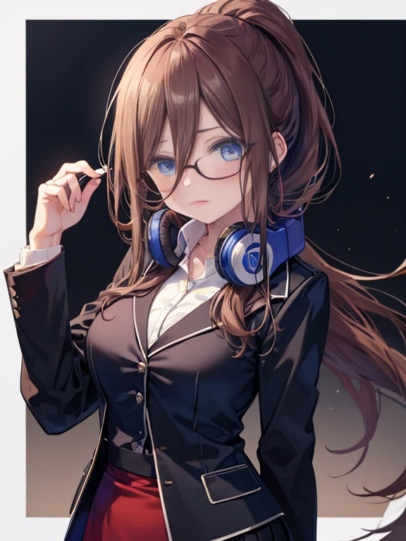 masterpiece, highest quality, 1 girl, (whole body), Miku, (brown hair), shy, blush, (long eyelashes), (beautiful makeup), Amazing eyes, ponytail, blue eyes, big breasts , OL, red glasses, Fundo, black suit jacket, collared jacket, white dress shirt, collared shirt, neckline, button, strap, ID card on neck, black pencil skirt, black pantyhose,