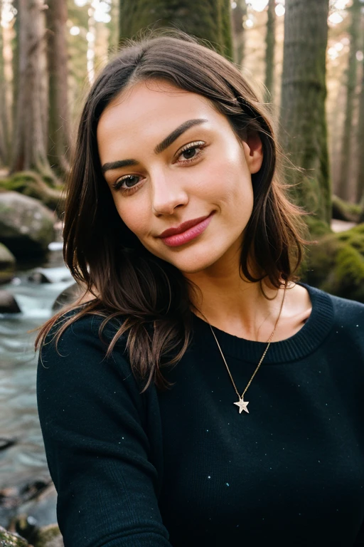 Beautiful woman taking a selfie in upper body shot, wearing a cozy pullover sweater and gloves in the forest during night time, surrounded by real life nature such as trees, rocks, and a river, with the cheerful reflection of the moon and stars in her eyes, capturing a happy moment in RAW format with a grainy photo texture, close up focus on her skin and detailed facial features, giving an authentic and captivating sensation, photorealistic masterpiece, expertly crafted in 8K UHD, photography.