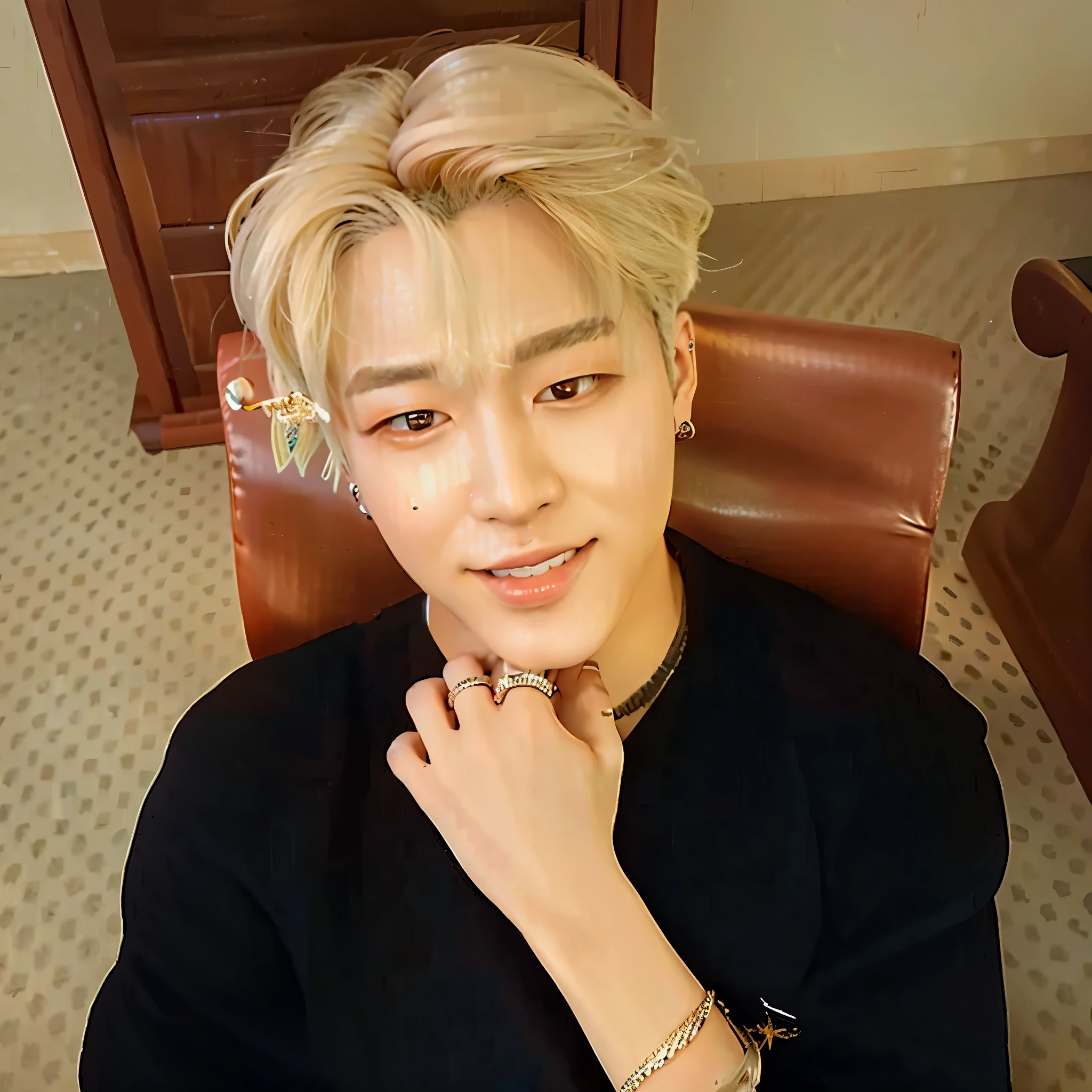Foto arafed de una mujer con una camisa negra y una pulsera., park Jimin, accurate Jimin face, Jimin\los labios carnosos, Jimin\his right eyelid is swollen, Jimin\la nariz griega, Jimin, pale korean adorable face, hyung tae, el tiene pelos oscuro, Con pelo corto, obra maestra, TaeJune Kim, Jung Jaehyun, daekwang de shell boy