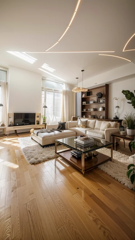 (best quality,4k,8k,highres,masterpiece:1.2),ultra-detailed,(realistic,photorealistic,photo-realistic:1.37),modern living room,stylish furniture,artistic details,contemporary design,minimalistic atmosphere,colorful accents,ambient lighting,vibrant colors,abstract painting,large windows with natural light,spacious layout,sleek lines and shapes,comfortable seating,cozy rug,dimmable lights,unique decor pieces,indoor plants,stylish coffee table,glass partition between living room and dining area,long curtains,open concept,high ceiling,wooden flooring,wall-mounted TV,entertainment system,bookshelves with books and magazines,sculptural lighting fixtures,reflection on glass surfaces,artificial fireplace,modern window blinds,floor-to-ceiling mirrors,geometric patterns,artificial lighting experimentation