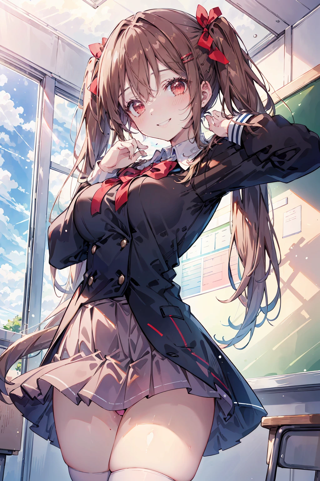 ((8K masterpiece,highest quality)), ultra high resolution, hyper detail, (1 girl), beautiful face, beautiful and delicate eyes,((red eyes)),Big eyes,shining eyes of light,Thin and long eyelashes,detailed light,((brown hair)),((long hair)), ((twin tails)),big breasts,school uniform,hair clip,hair ribbon,blitz short skirt,white knee high socks,light pink panties, Panty Pose, panty shot, (grinning smile),troubled face,(please open your mouth wide),(classroom),stand in the center of the screen,blue sky with clouds, Nice views, rainbow in the sky, particles of light, daytime, sunbeam,gust of wind,sense of speed, cowboy shot