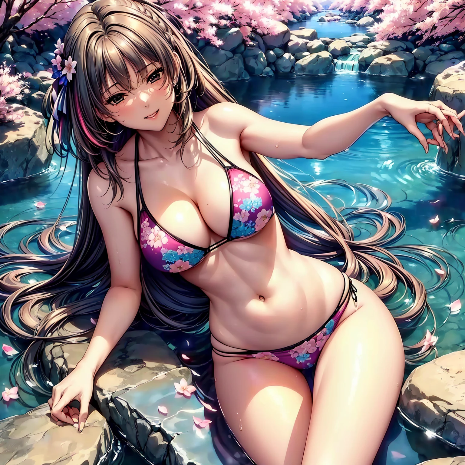 (highest quality、masterpiece、very high resolution、ultra high resolution.High-quality detail)、(A woman with perfect and ultimate beauty:18-year-old,bright smile,beautiful body、beautiful face)、(There are many variations of hairstyles,beautiful hair quality),(Beautiful breasts with a slender body shape:F cup,beautiful hair texture,Beautiful skin texture,Lifelike textures,Beautiful colors)((可愛いbikini swimwear:patterned and colorful,bikini swimwear:color and pattern)),(Fantastic waterside,There is a waterfall,Night cherry blossoms and lanterns,mysterious night sky、beautiful scenery),(water play,beautiful pose,model shoot),(whole body,I can see my thighs,accurate anatomy、highly detailed images、accurate image、Perfect Image 1.5)、beautiful anime woman, beautiful art style, anime character、(Overall image、Image without defects、natural soft light、beautiful images),(best shot,RAW photo 1.2)