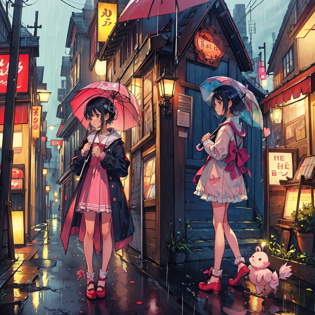 masterpiece、Nostalgic candy store、rain、Viewpoint from a distance、Woman with umbrella、nostalgic style