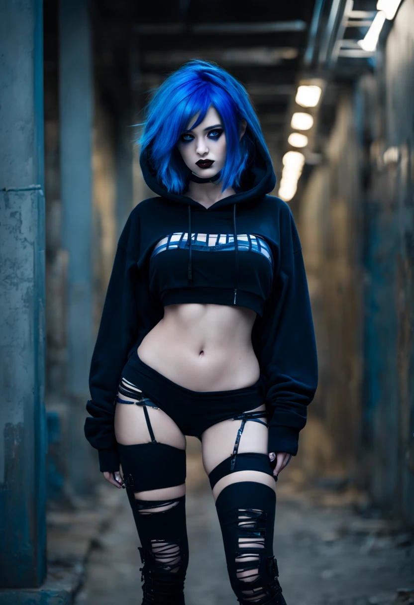 Beautiful, super busty, blue hair, blue lipstick, dystopian future, tattered hood, full body picture