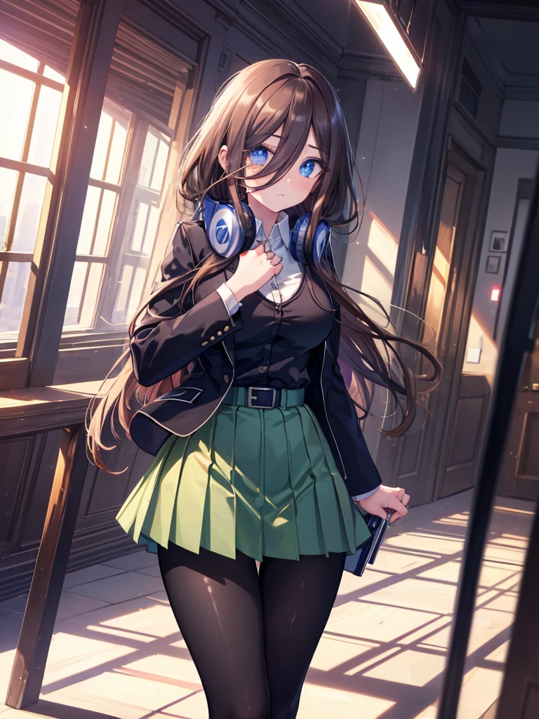 masterpiece, highest quality, 1 girl, (whole body), Miku, (brown hair), shy, blush, (long eyelashes), (beautiful makeup), Amazing eyes, blue eyes, big breasts , OL, red glasses, Fundo, black suit jacket, collared jacket, white dress shirt, collared shirt, neckline, button, strap, ID card on neck, black pencil skirt, black pantyhose,(masterpiece:1.2), highest quality, High resolution, unity 8k wallpaper, (figure:0.8), (beautiful and fine eyes:1.6), highly detailed face, perfect lighting, Very detailed CG, (perfect hands, perfect anatomy),