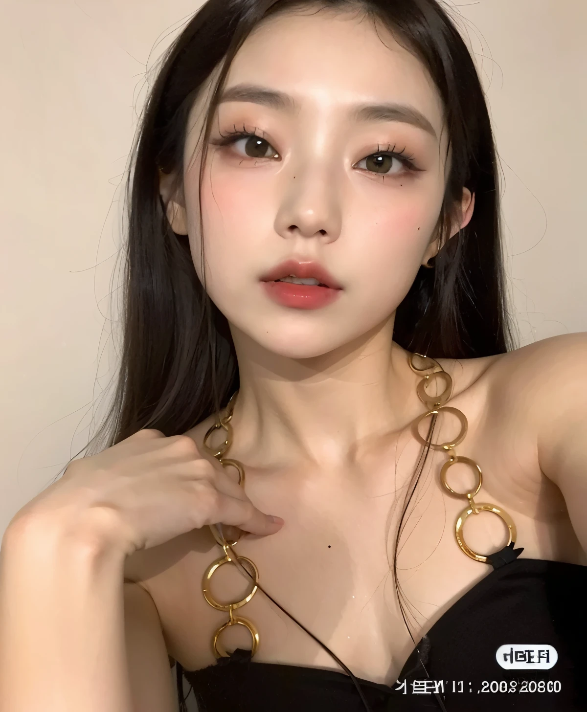 um close up de uma mulher usando um vestido preto e um colar dourado, Ulzzang, linda jovem coreana, Heonhwa Choe, linda mulher sul-coreana, Xintong Chen, linda jovem coreana, Sha Xi,  coreana, maquiagem sul-coreana popular, maquiagem coreana popular, dilraba dilmurat, Yanjun Chengt, usando gargantilha com detalhes dourados